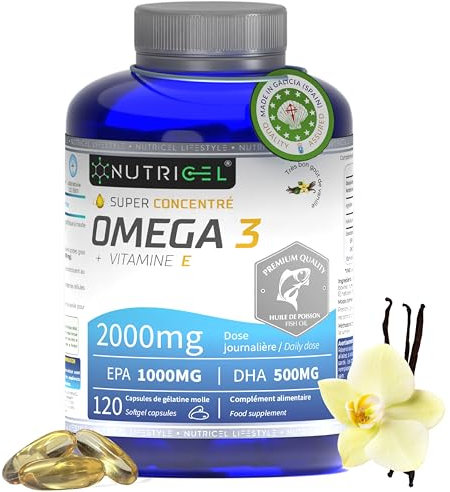 Omega 3 DHA EPA 2000mg (2 Capsules) - EPA 1000mg & DHA 500mg - Avec Vitamine E et Saveur Vanille - 120 Capsules (4 Mois) - Fabriqué en France - Santé Cœur, Cerveau, Vision - Huile de Poisson Sauvage
