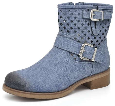 IF Fashion Stivali Stivaletti Biker Motociclista da Donna Traforato Con Fibbie Primaverili Estivi Pelle Sintetica Effetto Jeans GR-6656 Blu N.40