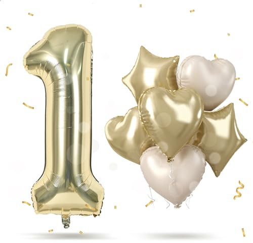 Luftballon Gold 1. Geburtstag Deko, XXL Champagner Goldene Zahl 1 mit Beige Herz Stern Ballons für Mädchen, 40'' Folienballon Zahlen 1 Ballon für 1 Jahre Geburtstagsdeko Jubiläum Party Dekoration