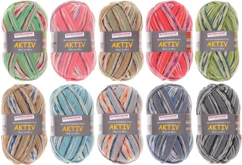 SUPERGARNE Sockenwolle Aktiv 4-fädig – 1000 g (10x100g), Strapazierfähig, Maschinenwaschbar, Made in Italy, Ideal für Socken und Strickprojekt (Norway II.)