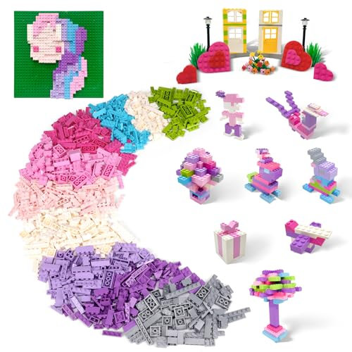 Building Bricks Set, Pink Building Blocks Toys for Girls Compatible with Lego, Includes Dual-Sided and Single-Sided Baseplates, Variety of Accessories to Spark Imagination
