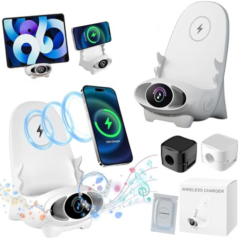 Mini Chair Wireless Fast Charger Multifunctional Phone Holder, Yamajifactory Phone Holder Charger, Portable Mini Chair Wireless Charger with Speaker Function for All Phones (White)