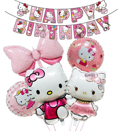 6 Stück Ki-tty Cat Geburtstagsdeko Folienballon Set, Cute Kindergeburtstag Deko, Cartoon Luftballons Geburtstag Dekoration Set mit Banner für Kinder Mädchen Katzen kity Themenpartys Dekorationen