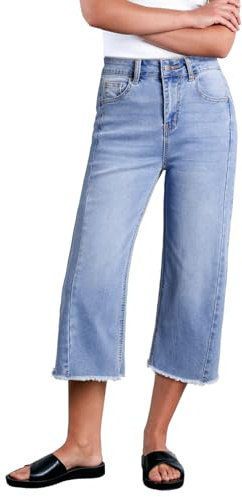 Sidefeel Women's High Waisted Jeans Stretchy Wide Leg Raw Hem Capri Pants Size 12 Sky Blue