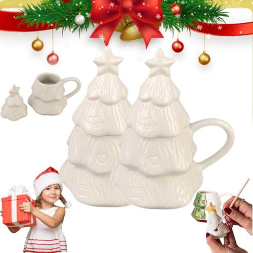 Christmas mug painting kit, Ceramic Christmas Tree Mug Painting Kit, Personalized Christmas Ceramics to Paint, Paintable DIY Mugs Painting Kit for Adults with 1 Set of Paint and Brush (2pcs)