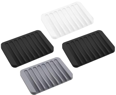 HUATEEN 4 Pack Silicone Soap Holder with Drainage - 2 Black 1 White 1 Grey (11x8x1cm/4.5x3.2x0.4in) Non-Slip Shower Soap Dish for Bathroom Kitchen & Countertops Self Draining Soap Box Storage