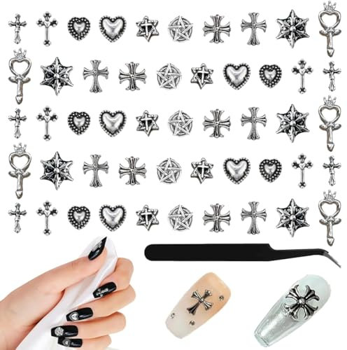 100 Stück 3D-Nagel-Ornamente, Chrom-Metall-Kreuz, silberne Nagel-Ornamente, Kreuz-Nagel-Ornamente, Gothic-Retro-Punk-Herz und Totenkopf-Nagel-Kunst-Dekoration