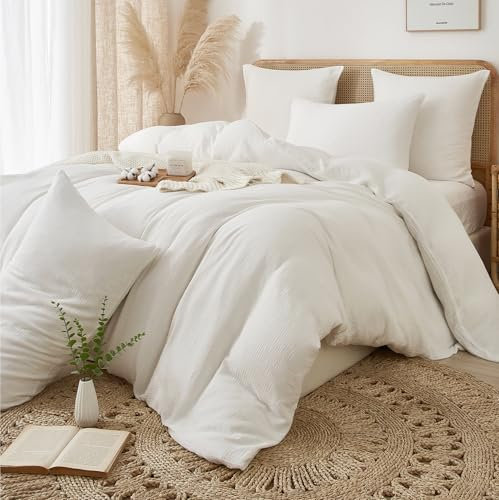 DXHOME Muslin Bettwäsche 135x200 Weiß Uni Baumwolle Bettwäsche-Sets Sommer Atmungsaktiv Kühlende Wendebettwäsche Weiche Bettbezug mit Reißverschluss + 1 Kissenbezug 80x80 cm