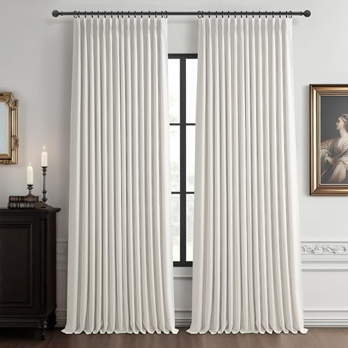 100% Blackout Linen 96 Inch Curtains 2 Panel Set for Bedroom, Modern Pinch Pleated Natural Linen Off Beige White Insulated Heavy Curtain 40 x 96 Inches Length Sliding Glass Door Room Darkening Drapes