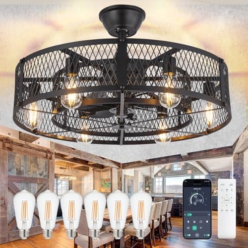 Caged Deckenventilator mit Licht: 26 Bauernhaus Kronleuchter mit Licht und Fernbedienung APP Control - Schwarz Leise DC Motor Rustic Kronleuchter mit Ventilator für Bedroon Küche Wohnzimmer Esszimmer