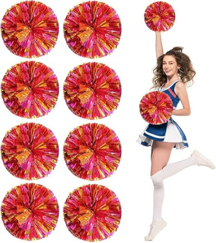 Pom Poms Cheerleading, Flauschige Cheerleader Pompons Mit Fingerfreundlichem Ring, Metallic Pom Poms Cheerleading Für Kinder Erwachsene Sport Wettbewerb Urlaub Feier, Pink+Gold, 12 Pack