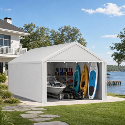 ACXIN Tente de rangement robuste, tente de garage, tente de rangement étanche, avec cadre en acier et toile en polyéthylène pour jardin, outils, voiture, blanche, 4 m x 8 m