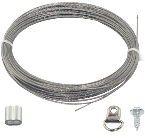 GIVIHGETI Edelstahl Drahtseil 50m x 1 mm, mit 50 Aluminium Crimphülsen, Aufhängedraht für Bilderrahmen, Edelstahldraht für Schnurlicht Suspension, Kletterpflanzen, Wäscheleine
