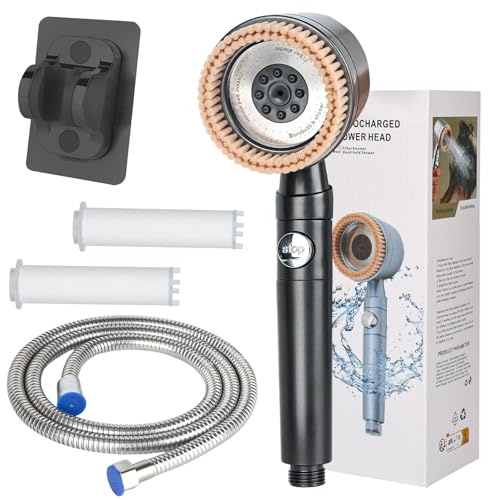 Alcachofa de ducha de ahorro de agua, aumento de presión, ducha de masaje, cabezal de ducha multifuncional de alta presión, ahorro de agua, 5 modos, con manguera ajustable de 1,5 m + soporte, filtro