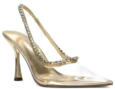 ESSEX GLAM Women's Clear Jewel Court Shoes Ladies Perspex Diamante Point Toe Slingback Party Evening High Heel Size 3-8