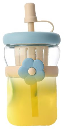 Bouteille d'eau réutilisable en verre transparent de 500 ml | Bouteille d'eau anti-fuite avec paille en silicone réutilisable pour thé, café, lait, jus, boissons, froides, chaudes, voyages, camping