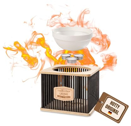 Hotty – Chocolate Schokofondue Majestic ohne Strom mit Teelichtern & Wunschgravur – Schoko Fondue Schale für Schokolade, Kuvertüre & Desserts – Chocofondue Warmhalte-Stövchen mit Holzdesign Lamellen