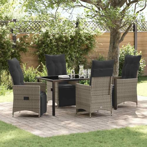 YuuSsea Garten Essgruppe mit Kissen 5-teilig, Grau Poly-Rattan, UV-beständig, 4 Sessel, Gartentisch, Outdoor Möbel Set für Terrasse, Balkon