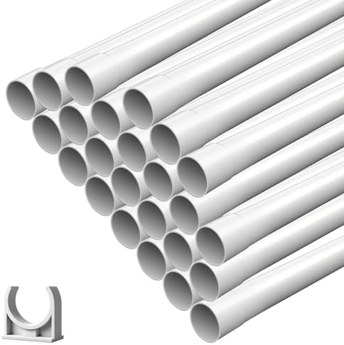 Installationsrohr M20 gemufft 24m, VPE-Rohre mit 50x Klemmschellen, Kabelrohr starr PVC, Rohr gemufft, Weiß (M20-24m)