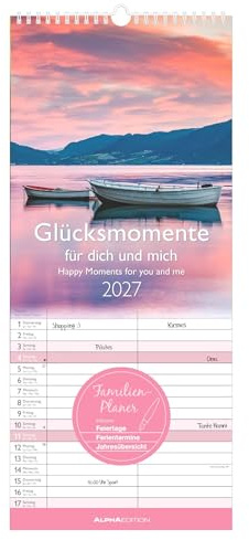 Glücksmomente für dich und mich 2027: Familienkalender 19,5x45 cm mit 2 Spalten, Landschaftsmotiven, Schulferien & 4-sprachigem Kalendarium, für Familien & Paare