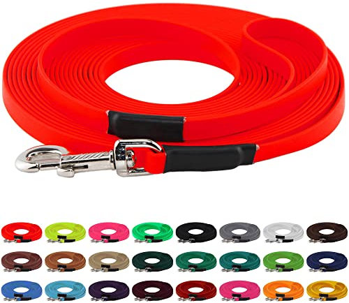 LENNIE BioThane Schleppleine, 19mm, Hunde ab 35kg, 20m lang, mit Handschlaufe, Neon-Orange, genäht