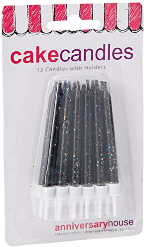 Anniversary House Pack of 12 Black Glitter Birthday Candles with Holders, 7.5 Centimeters, Celebration Cake Decoration, AHC151