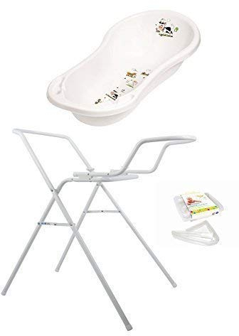 Baignoire Bébé XXL 100 cm Funny Farm Blanc + Stands de Bain + Tuyau D’Écoulement