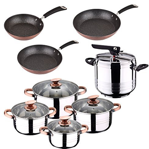 San Ignacio Olla A PRESIÓN 7L Duna + BATERÍA Cocina 8 Piezas Set 3 SARTENES SIP MOMA, Cromado, Talla Única
