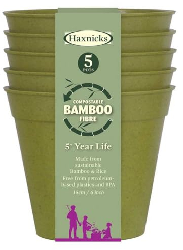 Haxnicks Sustainable Bamboo Fibre Plant Pot in Sage Green, 6 Inch Diameter, 1.2 Litre Capacity, Pack of 5, Biodegradable & Home Compostable, POT130101