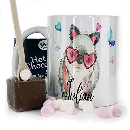 Hairyworm Personalised Mug and Belgian Milk Chocolate/Hot Chocolate Stirrer Marshmallow Gift Set, Custom Name (11oz) White, Yellow, Blue, Black, Pink Mug with Rabbit with Cat Ears Design