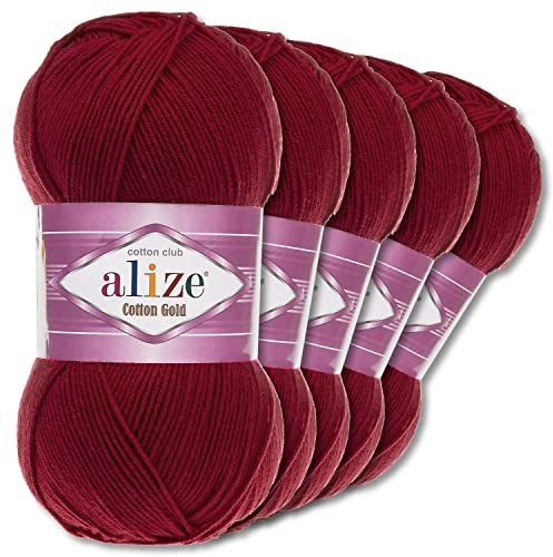 Alize 5 x 100 g Cotton Gold Premium Wolle| 39 Farben Sommerwolle Garn Stricken Amigurumi (390 | Kirschrot)