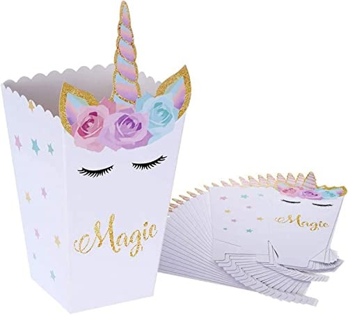 LATRAT 24 sacchetti per popcorn, unicorno, popcorn, scatole di cartone per caramelle, per bambini, compleanno, unicorno, tema