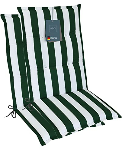 LILENO HOME Gartenstuhl Auflagen als [2er Set - Hochlehner] in Blockstreifen Grün - Bequeme Liegen als Sitzauflagen für Gartenmöbel - Stuhlkissen für Gartenstühle und Klappstühle
