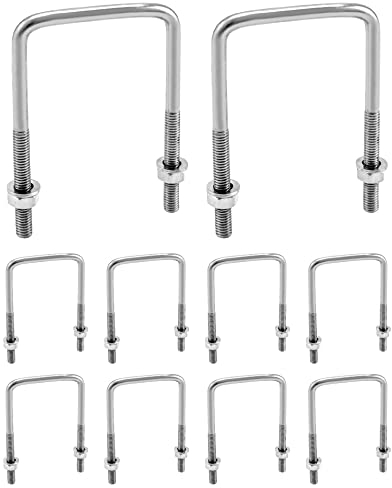 QWORK 10 Piezas M6 Pernos en U Cuadrados, 304 acero inoxidable, Tornillos en U, 80 x 50 mm, con tuerca y arandela, para tuberías, instalación de edificios y aplicaciones industriales
