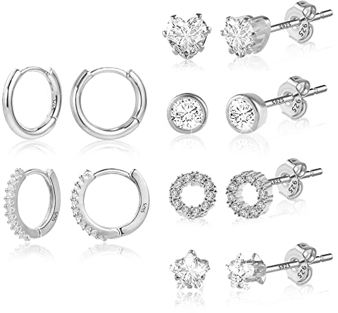 Silber Ohrringe Ohrstecker Silber 925, 2 Paar Creolen Ohrringe mit 4 paar Diamanten Ohrstecker klein, Hypoallergen CZ Knorpel Ohrringe Ohrstecker Set für Damen Männer Frauen