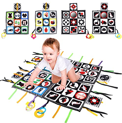 Joyfia Baby Bodenspiegel, Hoher Kontrast Aktivität Spielmatte für Neugeborene, Schwarz und Weiß Tuch Buch mit Beißring, Pädagogisches Geschenk für Kleinkind Junge Mädchen 0+ Monate (4Pack)