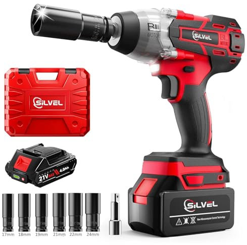 SILVEL 21V Cordless Impact Wrench 1/2 inch, 517 Ft-lbs (700N.m) Max Torque, Brushless Impact Driver with 1.5Ah Li-ion Battery, Charger, 6 Sockets, Extension Bar, Power Impact Gun for Car Home