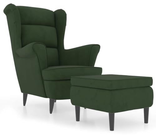 vidaXL Ohrensessel mit Hocker Armlehnen Fernsehsessel Polstersessel Loungesessel Wohnzimmersessel TV Sessel Ruhesessel Relaxsessel Dunkelgrün Samt