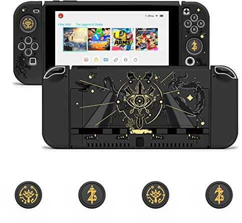 JINGDU Slim Soft TPU Switch Case for Switch OLED, Dockable Anti-Scratch Cover with 4 Thumb Grips Caps, Zelda