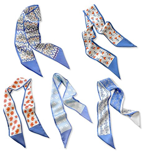 LumiSyne 5 Stück Seidenschal Damen Mädchen Skinny Schal Blume Gedruckt Geometrisch Karierte Muster Frischer Süßer Stil Satin Krawatte Schal Schmaler Lange Halstuch Kopfschmuck Griff Wrap Ribbon