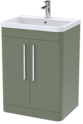 nuie FPA810 Parade Modern Bathroom Floor Standing 2 Door Vanity Basin Cabinet with Polymarble Basin, 600mm, Satin Green