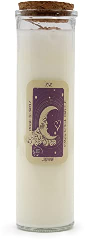 Love Magic Spell Soy Wax Candles with Crystals, Rose Quartz Gemstones with Jasmine Fragrance, Cream, 50 Hour Burning Time, Eco Friendly & Natural, Reusable Glass Jar (Love)
