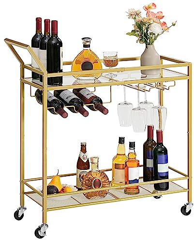 HOOBRO Carrello da Bar con Portabottiglie per Vino e Portacalici, Carrello da Servizio a 2 Livelli, con Ruote e Bordi Rialzati, per Sala da Pranzo, Soggiorno, Giardino, Festa, Pub, Dorato EGD11TC01