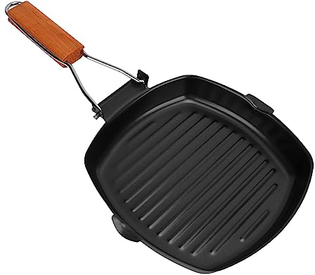 Zerodis Frying Pan, Non-Stick Cast Iron Folding Pan Easy to Clean Anti-scalding Wooden Handle with Oil Leak Hole for Camping (20cm / 7.9in)