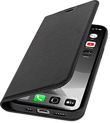 WIIUKA Hülle für iPhone 15 Pro, Leder aus Deutschland, mit Kartenfach, extra Dünn, Handyhülle mit Standfunktion, Tasche Schwarz