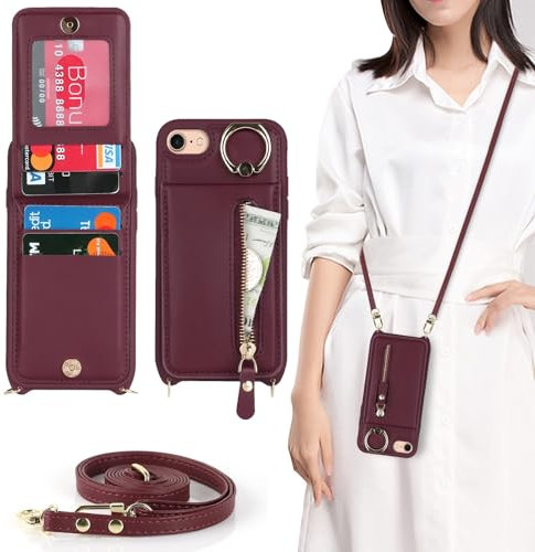 Zouzt for iPhone SE 2022/2020/3rd/2rd / iPhone 8/7 4.7 Inch Case with Cord and Card Holde, Zipper Wallet Case with Crossbody Lanyard Ring Adjustable Necklace Protective Cover Women - Burgundy