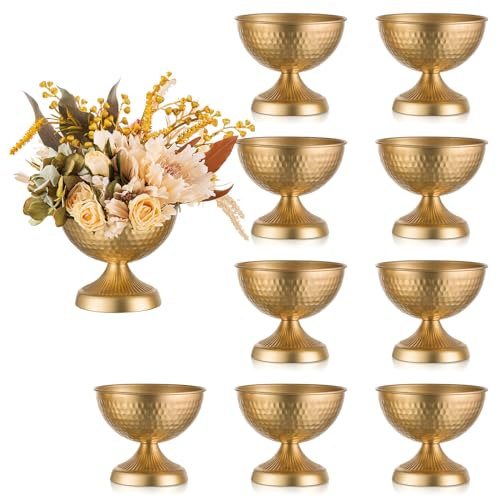 Sziqiqi Gold Urn Vase for Wedding: 15 cm Tall Metal Bulk Vases Set of 10 - Small Vintage Flower Arrangement Pots for Table Centrepieces - Elegant Hammered Vase for Christmas Party Reception