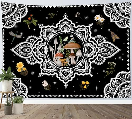 LB Wandteppich Vintage-Pilz Wandtuch Schwarz-weiße Mandala-Blume Wandbehang Böhmische Blume mit Pflanze Tapisserie für Wohnzimmer Schlafzimmer Wohnheim Wanddeko,150x100cm