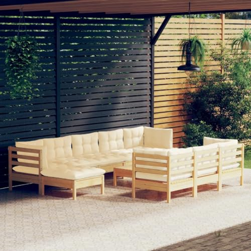 QJBSAVVA 11-TLG Garten-Lounge-Set, Küchensofa Stehtisch Eckbank Gartenstühle Geeignet für Garten Innenhof Outdoor Café mit Creme Kissen Massivholz Kiefer