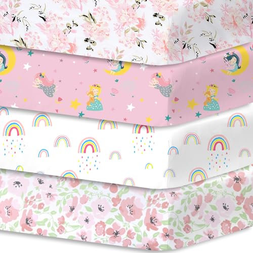 Bimocosy 4 Pack Cot Sheets,100% Microfiber- Breathable, 120 x 60cm Cozy and Lightweight Cot Fitted Sheets,Flowers, Little Princess, Rainbow, Roses Print,Oeko-tex100